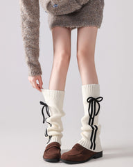 レディース ニーハイ ソックス リボン付き リブ編み ニット 暖かくスタイリッシュなレッグウォーマー