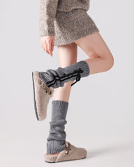 レディース ニーハイ ソックス リボン付き リブ編み ニット 暖かくスタイリッシュなレッグウォーマー