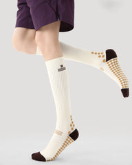 Womens Knee High Thin Sports Compression Socks Checkered Grip Beige