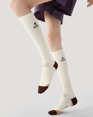 女款膝上薄型運動壓力襪子 對比趾設計 米色