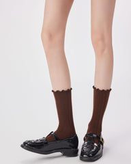 Womens Merino Wool Embossed Crew Socks Ruffle Cuff Slouch Style
