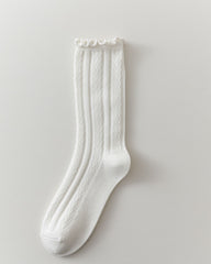 Womens Merino Wool Embossed Crew Socks Ruffle Cuff Slouch Style