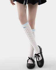 Womens Polka Dot Knee High Socks Blue Ruffle Cuff Cute Casual Socks
