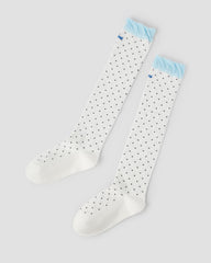 Womens Polka Dot Knee High Socks Blue Ruffle Cuff Cute Casual Socks