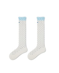 Womens Polka Dot Knee High Socks Blue Ruffle Cuff Cute Casual Socks
