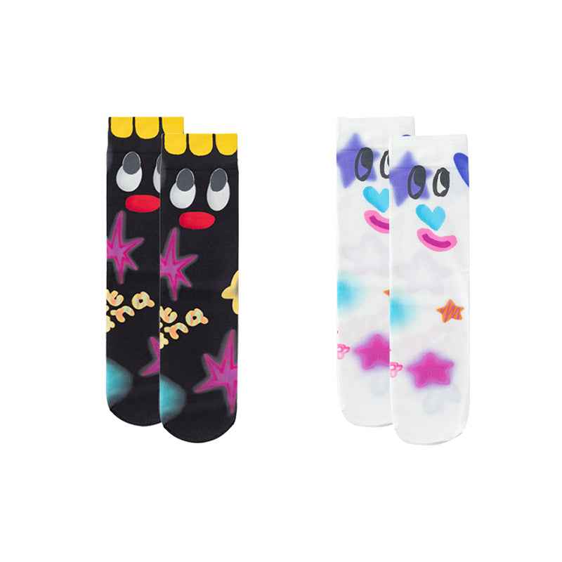 2-Pack Women Crew Socks Fun Hand Painted Colorful Cozy Thin Unique Design
