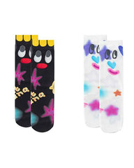 2-Pack Women Crew Socks Fun Hand Painted Colorful Cozy Thin Unique Design