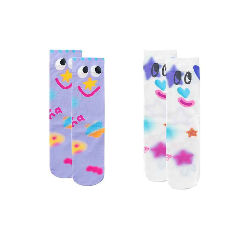 2-Pack Women Crew Socks Fun Hand Painted Colorful Cozy Thin Unique Design