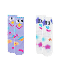 2-Pack Women Crew Socks Fun Hand Painted Colorful Cozy Thin Unique Design