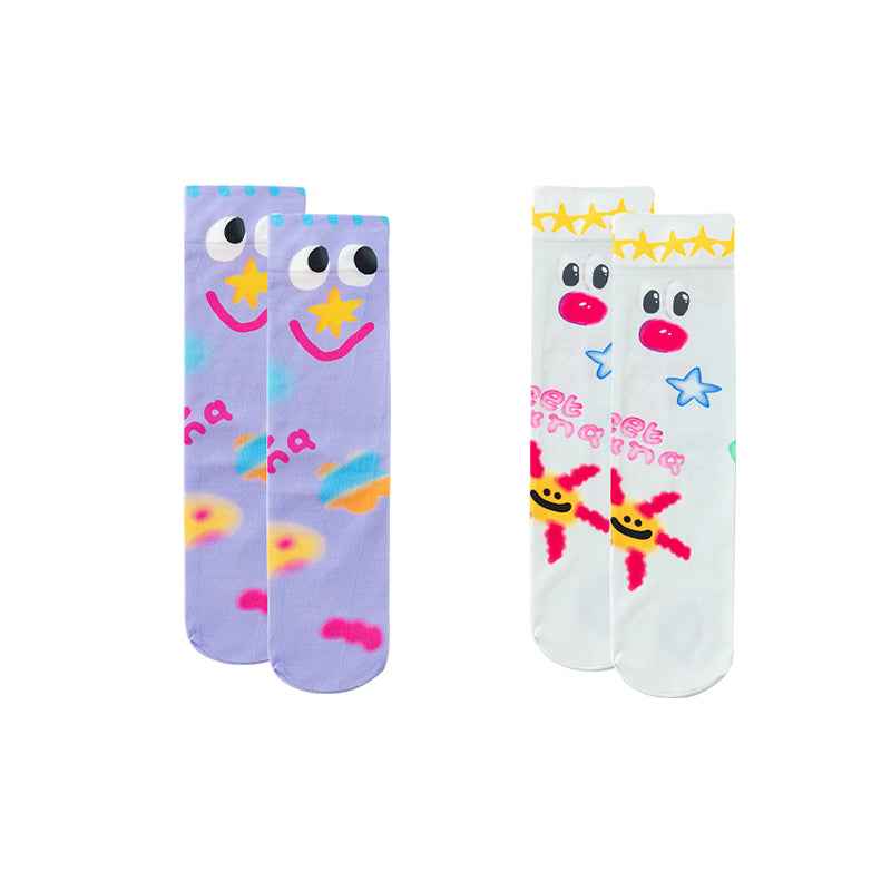2-Pack Women Crew Socks Fun Hand Painted Colorful Cozy Thin Unique Design