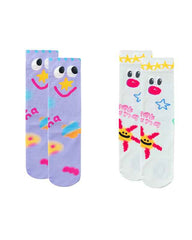 2-Pack Women Crew Socks Fun Hand Painted Colorful Cozy Thin Unique Design