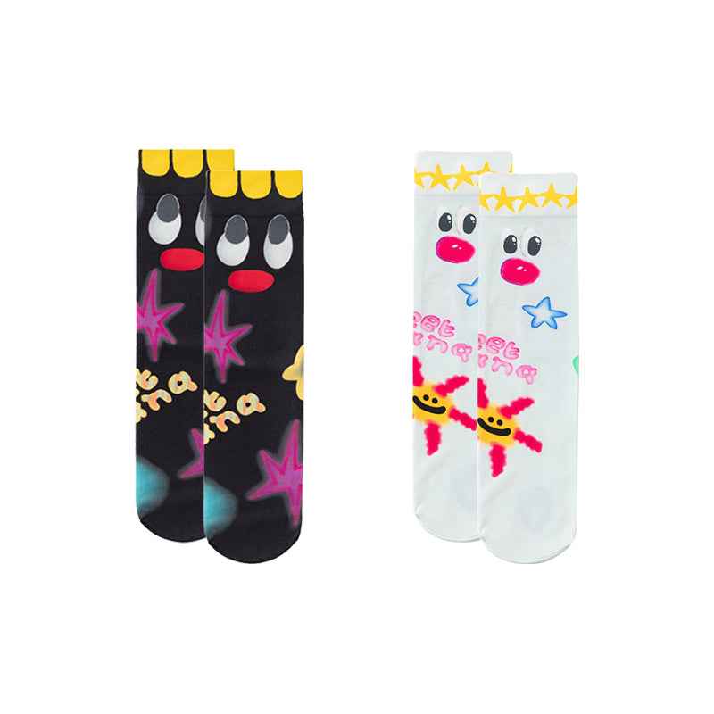2-Pack Women Crew Socks Fun Hand Painted Colorful Cozy Thin Unique Design