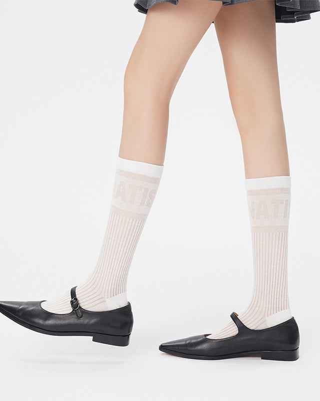Women Antibacterial Mesh Cotton Knee High Socks Letter Seamless Soft
