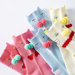 3-Pack Women Cotton Crew Socks Tabby Cat Kawaii Cute Casual