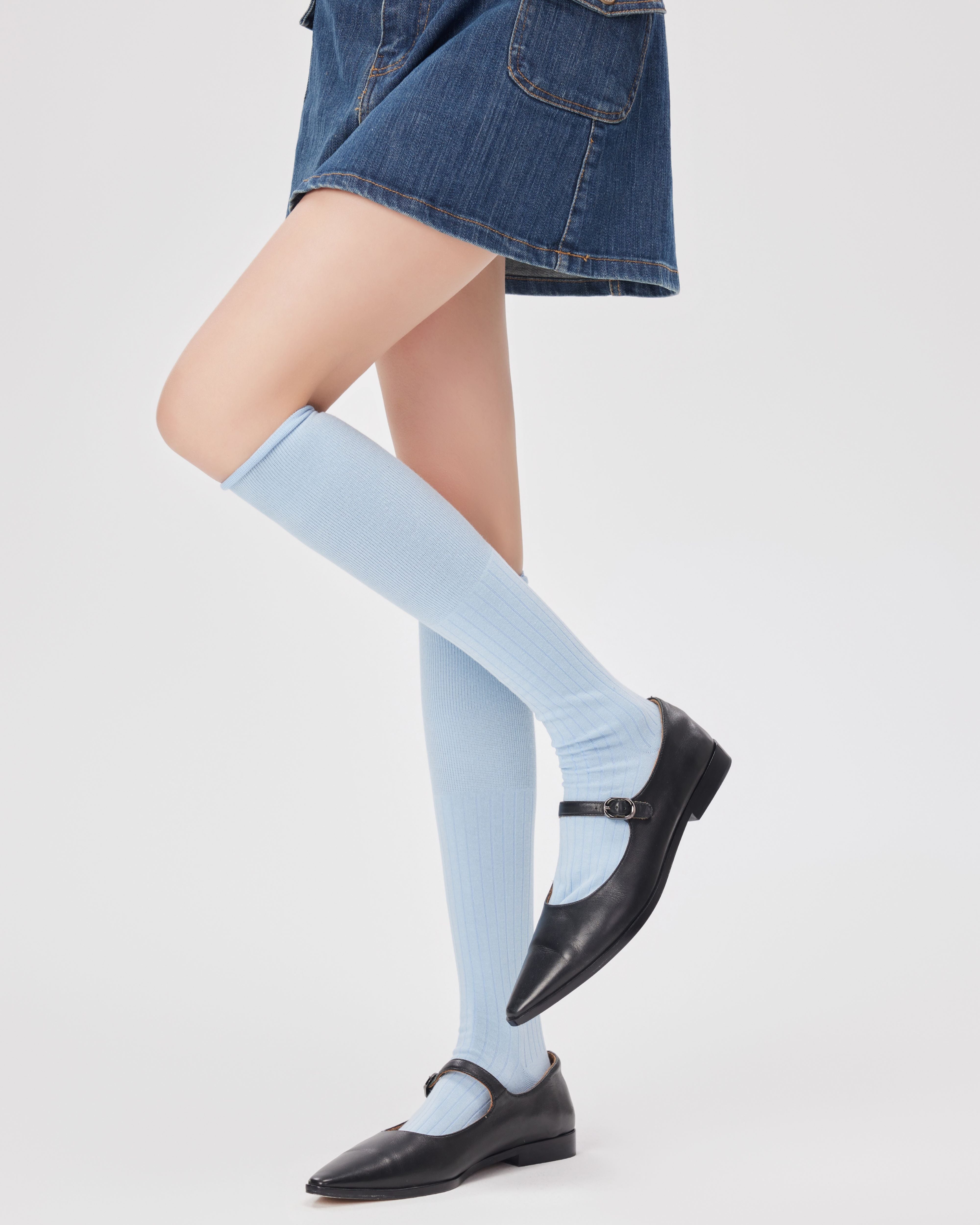 여성용 싱글 커프 롤업 니 양말 수제 봉제 항균