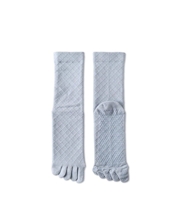 Womens Five Toe Crew Socks Diamond Pattern Grip Non Slip Ribbed Combed Cotton