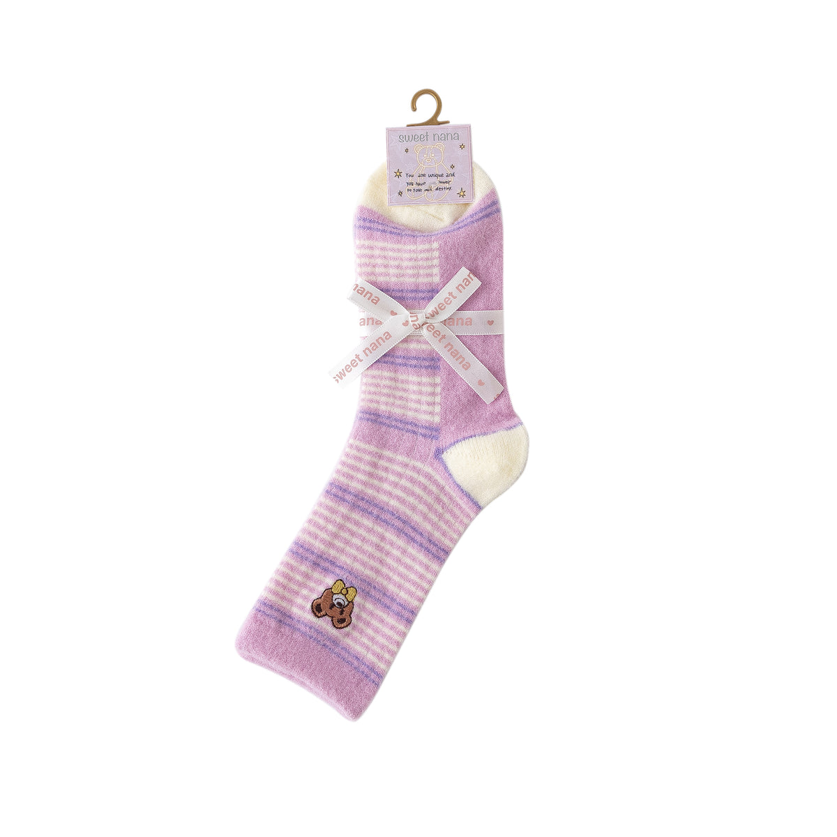 Women Crew Socks Embroidery Bear Series Fuzzy Warm Cozy Indoor Non Slip Socks