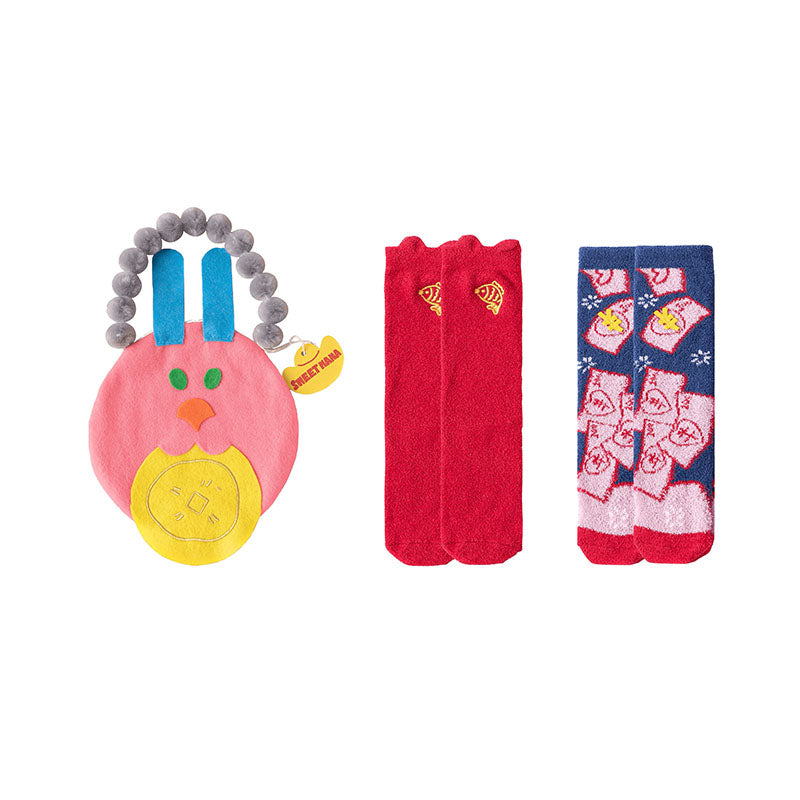 Sweetnana チューブクルーソックス 女性と子供用、2パックのコージーで厚手のふわふわソックス、新年のギフトバッグに入ったかわいくて楽しいソックギフト、冬の快適さのために