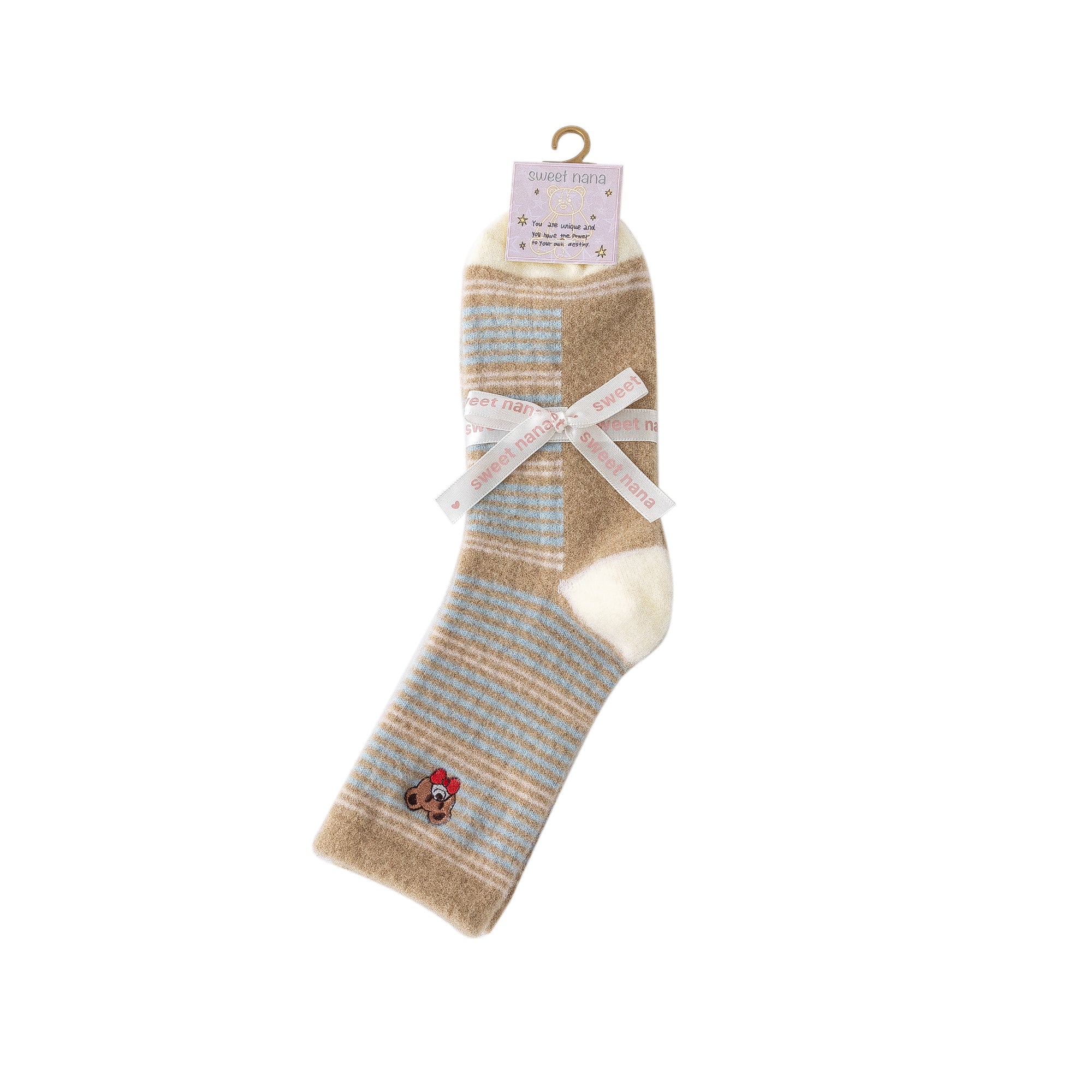 Women Crew Socks Embroidery Bear Series Fuzzy Warm Cozy Indoor Non Slip Socks