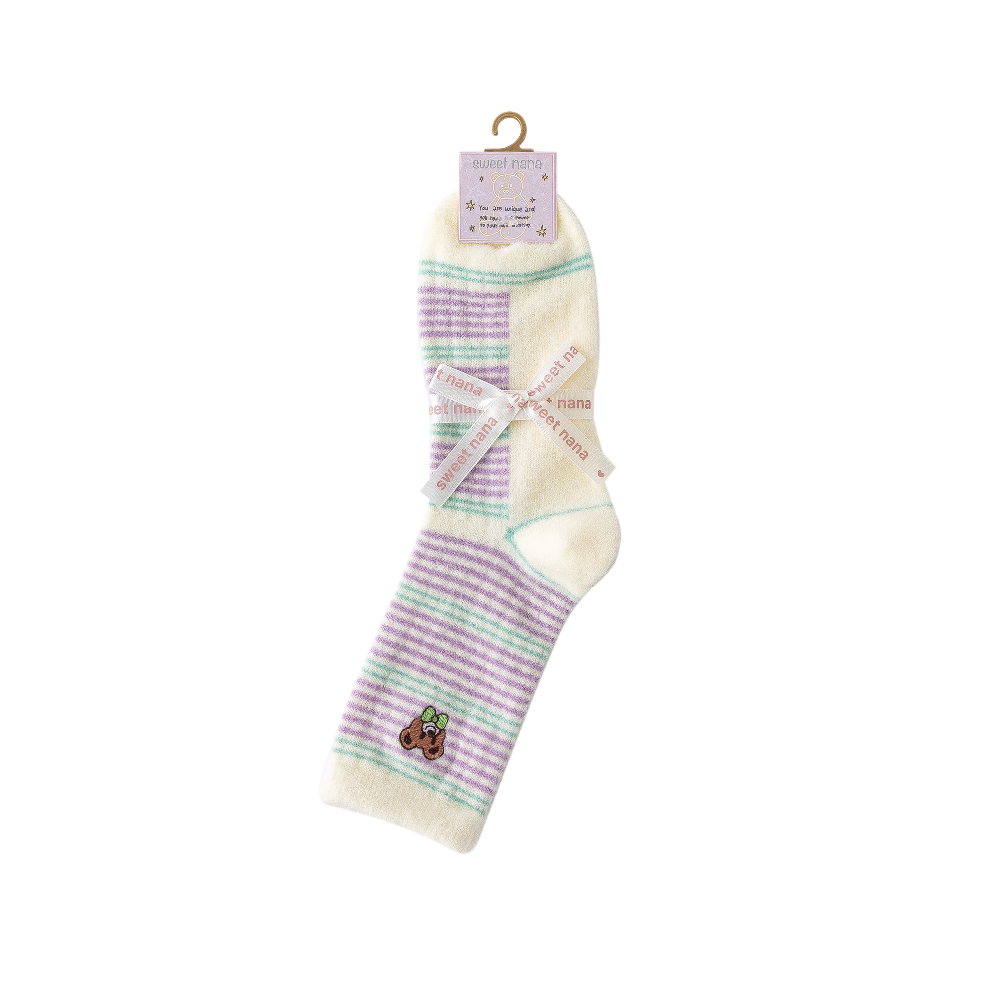 Women Crew Socks Embroidery Bear Series Fuzzy Warm Cozy Indoor Non Slip Socks