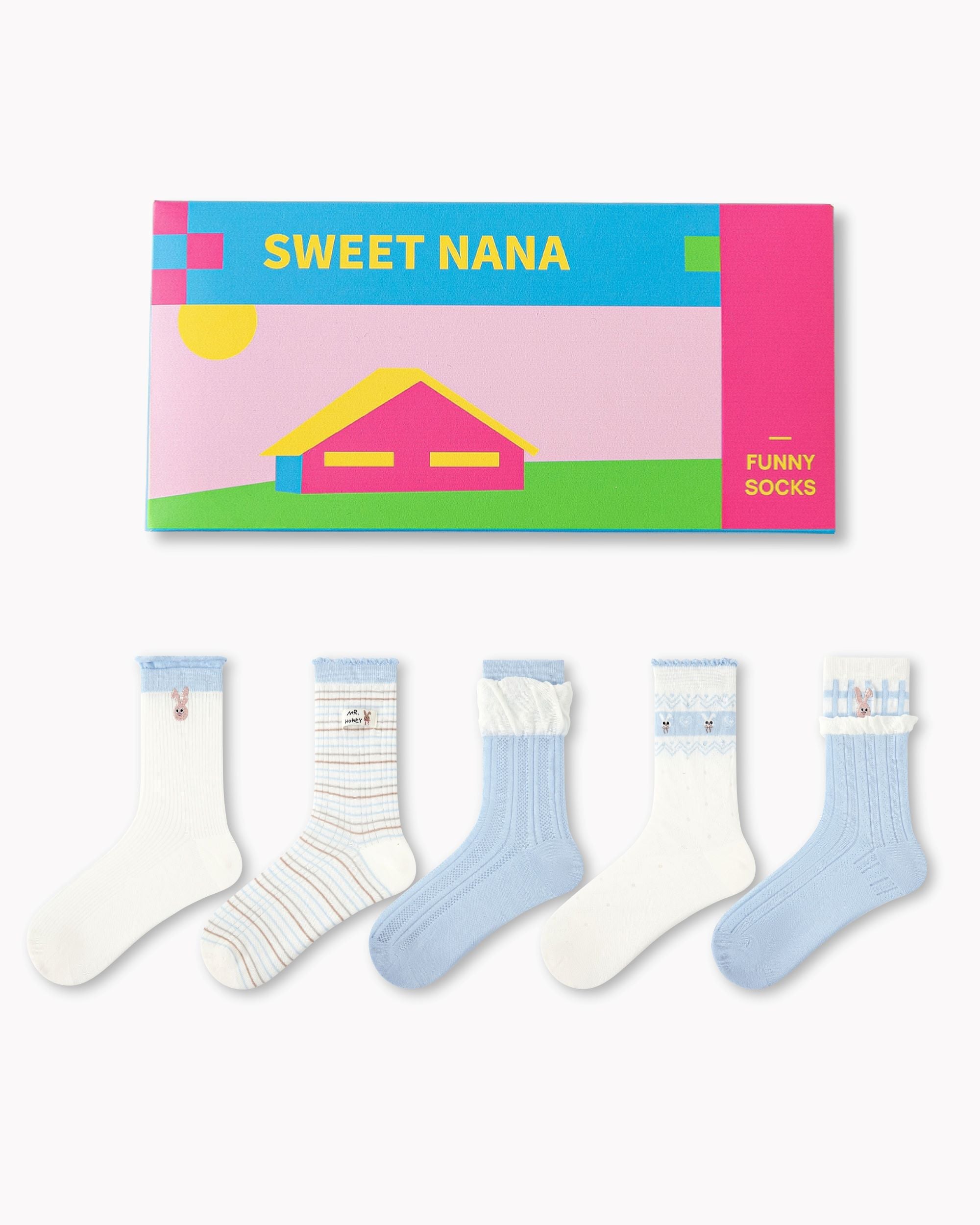 Gift Box Set  Womens Crew Socks Soft Blue Isle Bunny Stripe Lace Rib Cute - SWEET NANA Main image