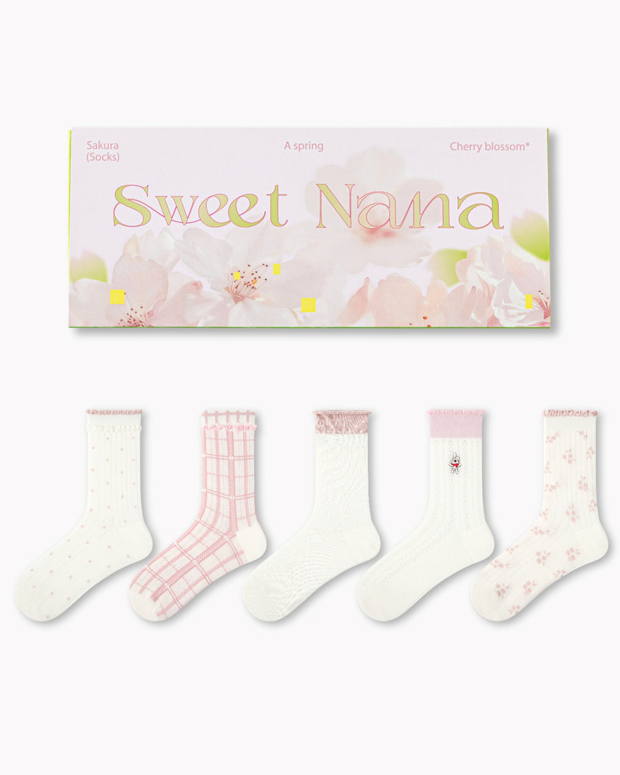 Sakura Limited Gift Box Set Womens Crew Socks Cherry Blossom Plaid Cute Socks - SWEET NANA