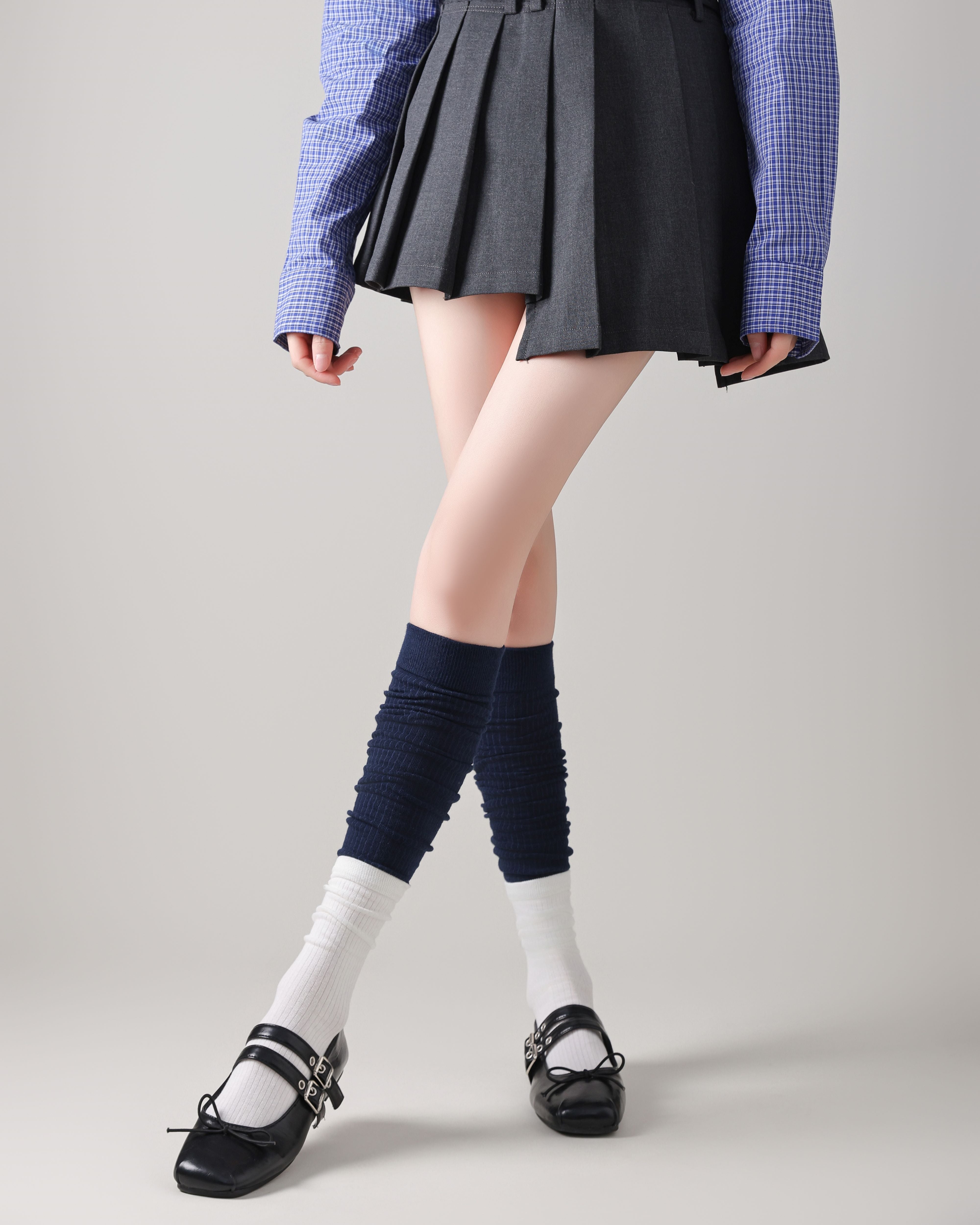 女款及膝襪 灰黑撞色羅紋棉質休閒