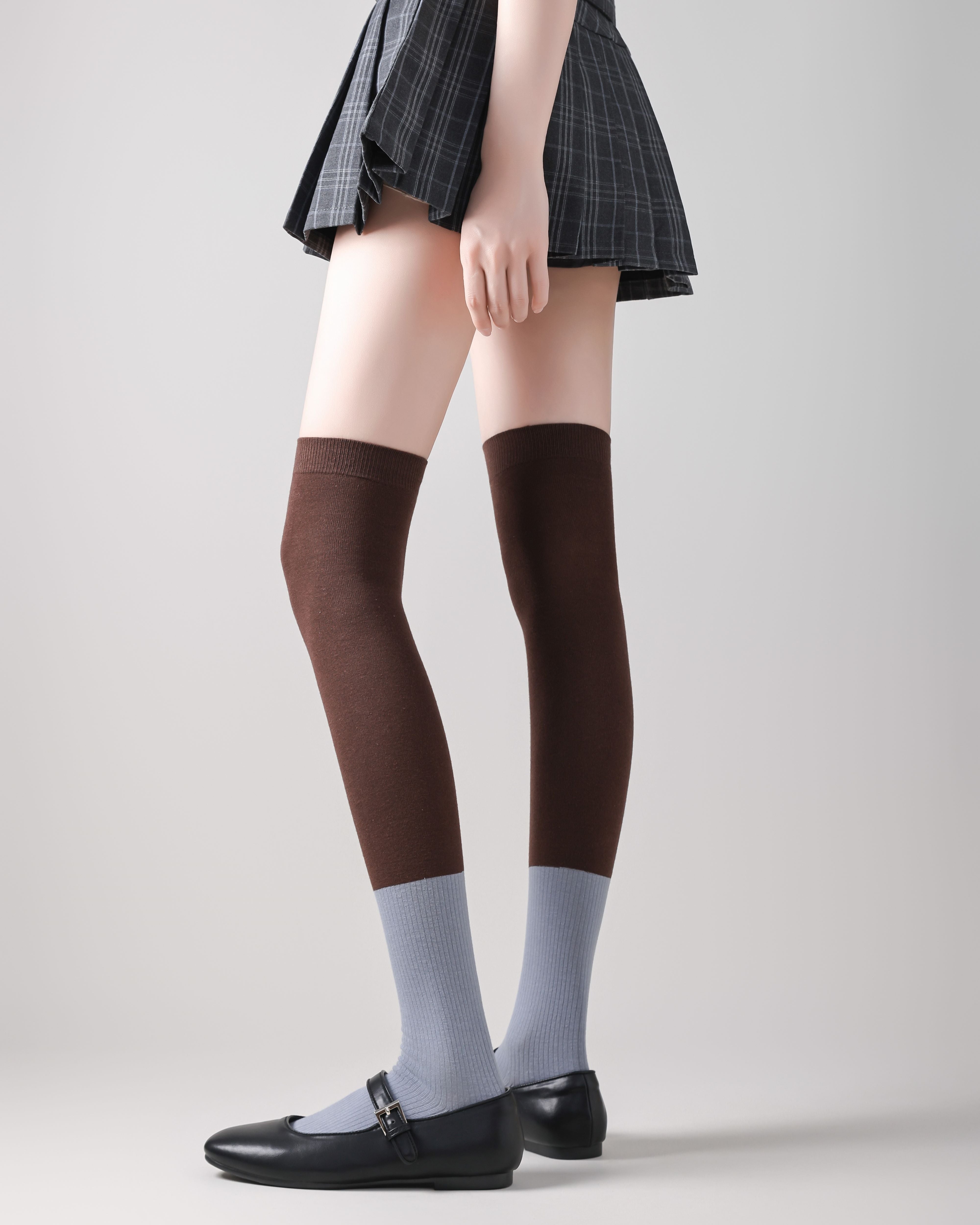女款過膝襪 灰白撞色 棉質休閒