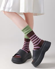 Women Crew Socks Contrast Stripe Double Cuff Slouch Socks