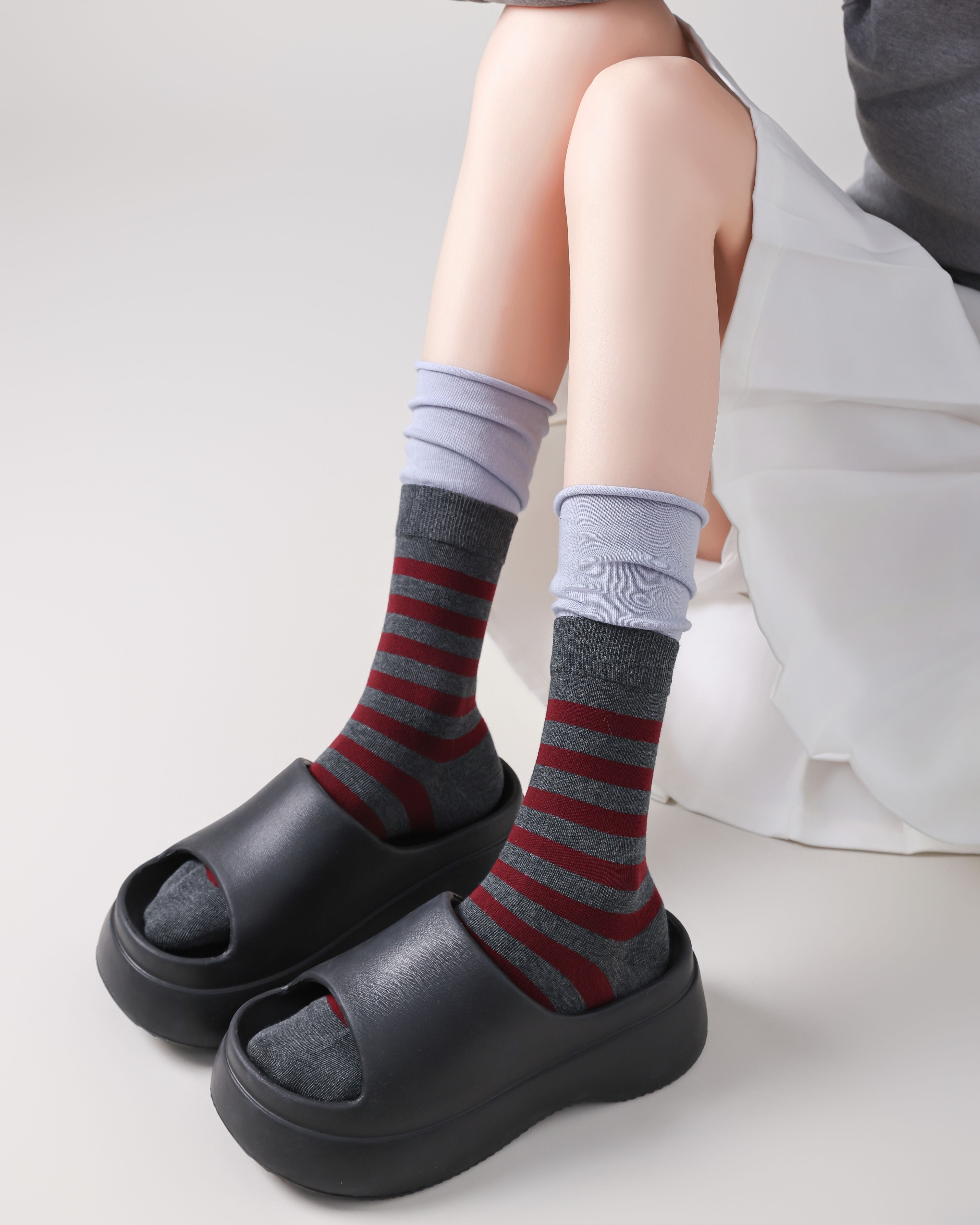 Women Crew Socks Contrast Stripe Double Cuff Slouch Socks