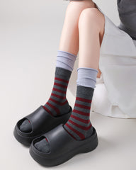 Women Crew Socks Contrast Stripe Double Cuff Slouch Socks