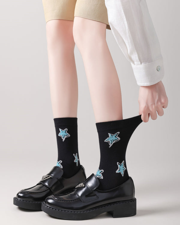 Women Hand Painted Star Crew Socks Soft Stretch Design - SWEET NANA
