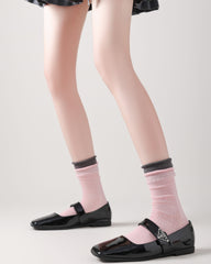 Women Crew Socks Pink Contrast Double Cuff Ribbed Slouch Socks