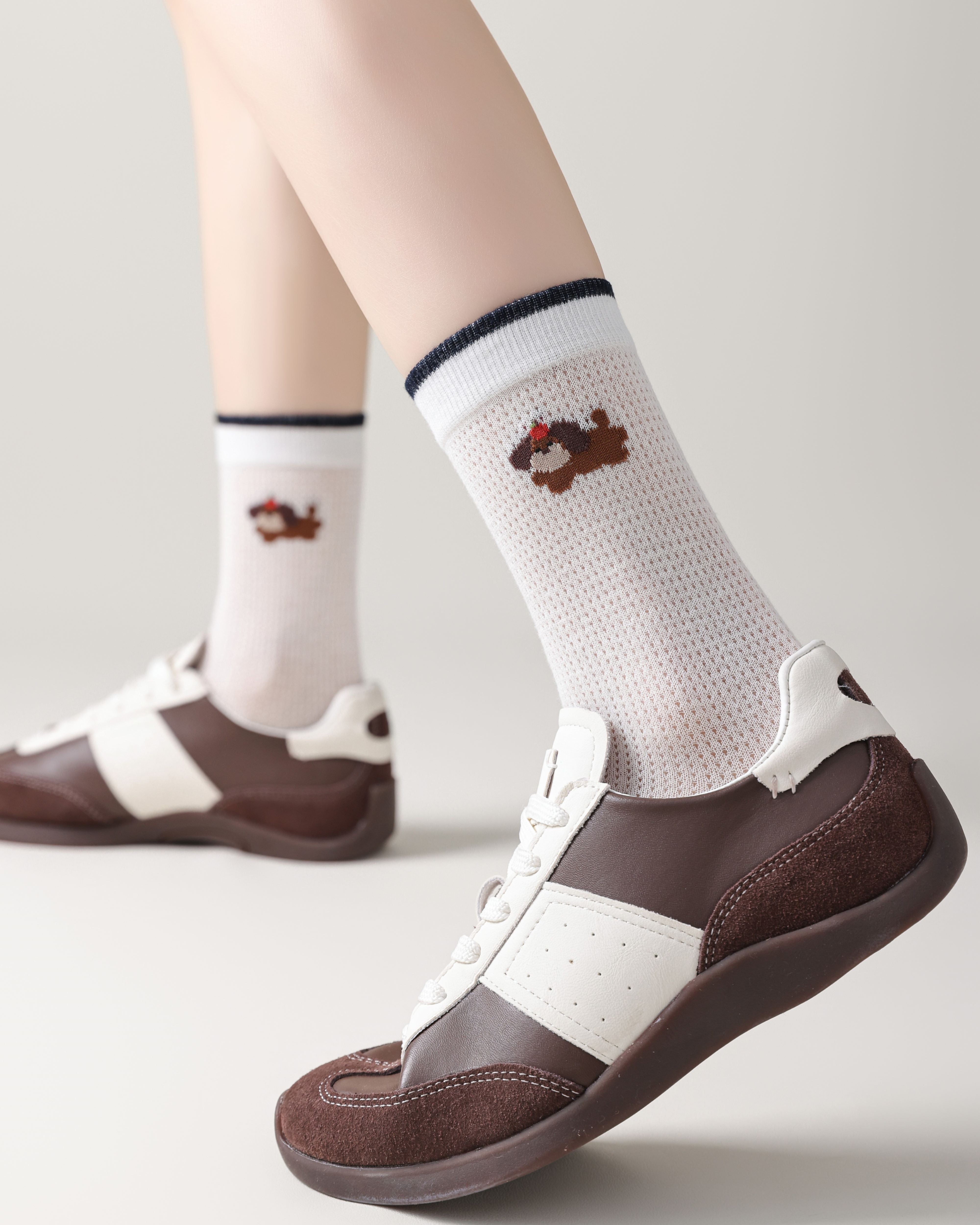 女款中筒襪子 可愛臘腸犬系列 棉質網眼透氣襪子