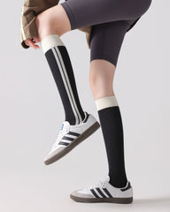 Women Knee High Socks Colorblock Stripe Cotton Sporty Socks
