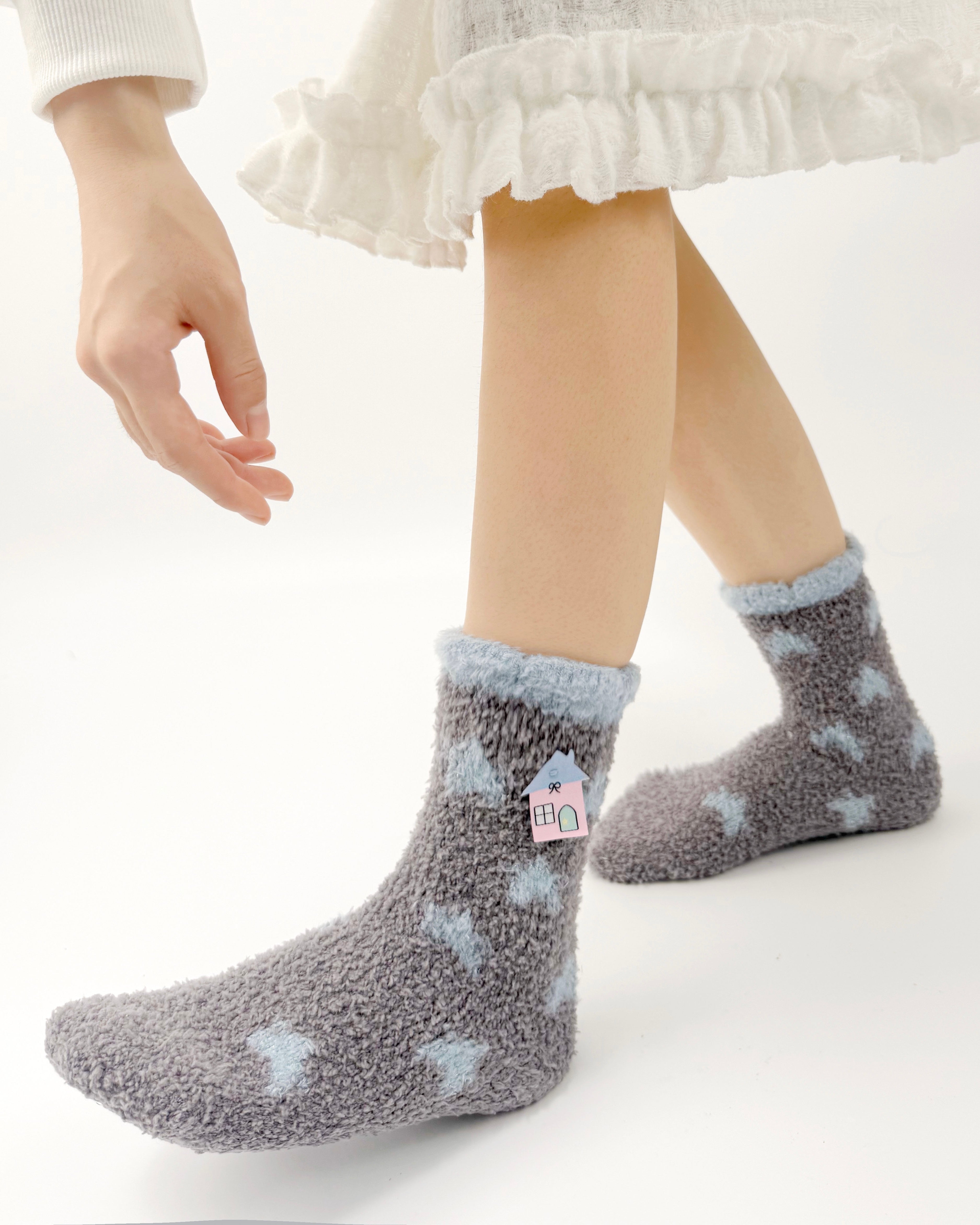 Women Crew Socks Shiny Star Polka Dot Series Fuzzy Warm Cozy Indoor Socks