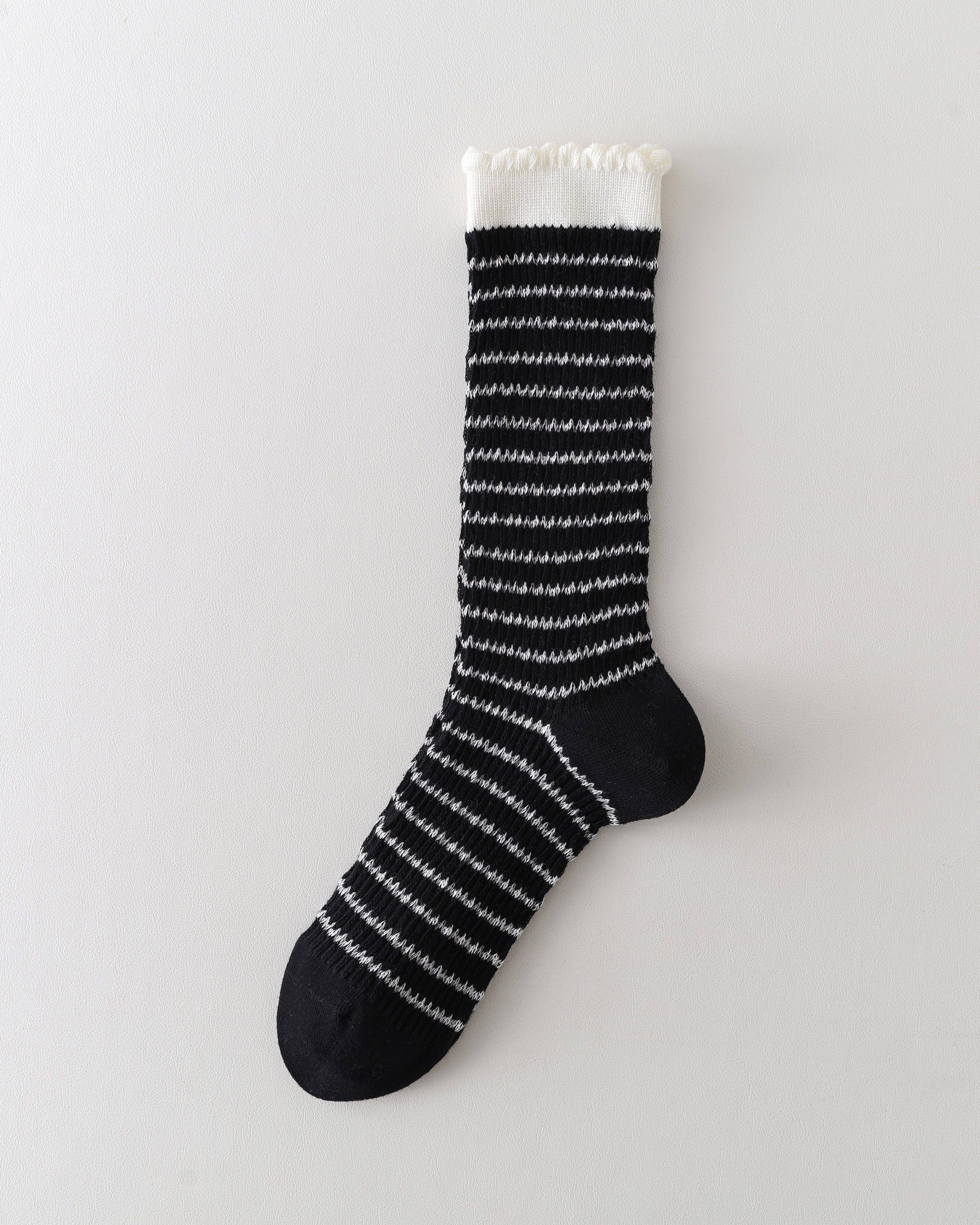 Women Crew Socks Bubble Trim Twist Stripe Pile Cute Chic
