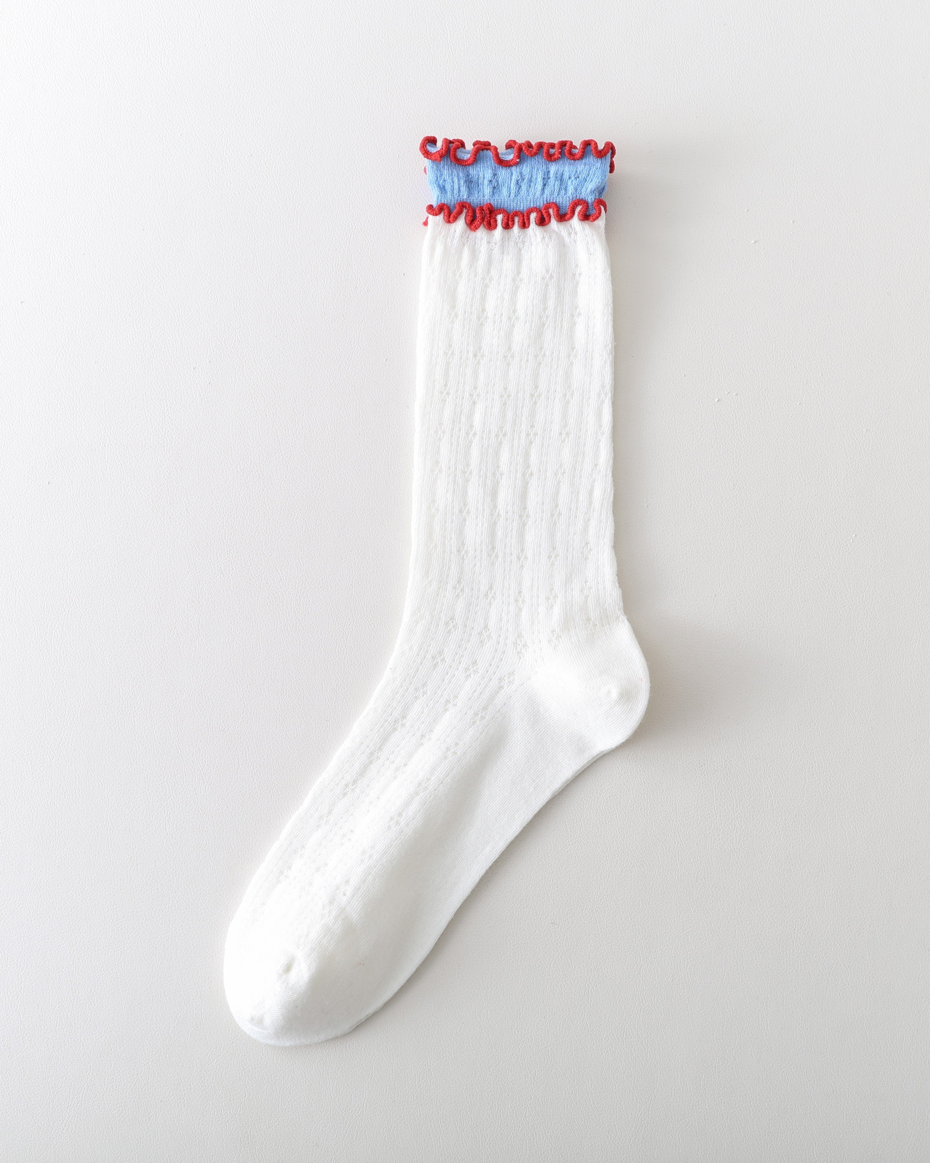 Women Crew Socks Hollow Knit Contrast Double Lettuce Edge Slouch Socks