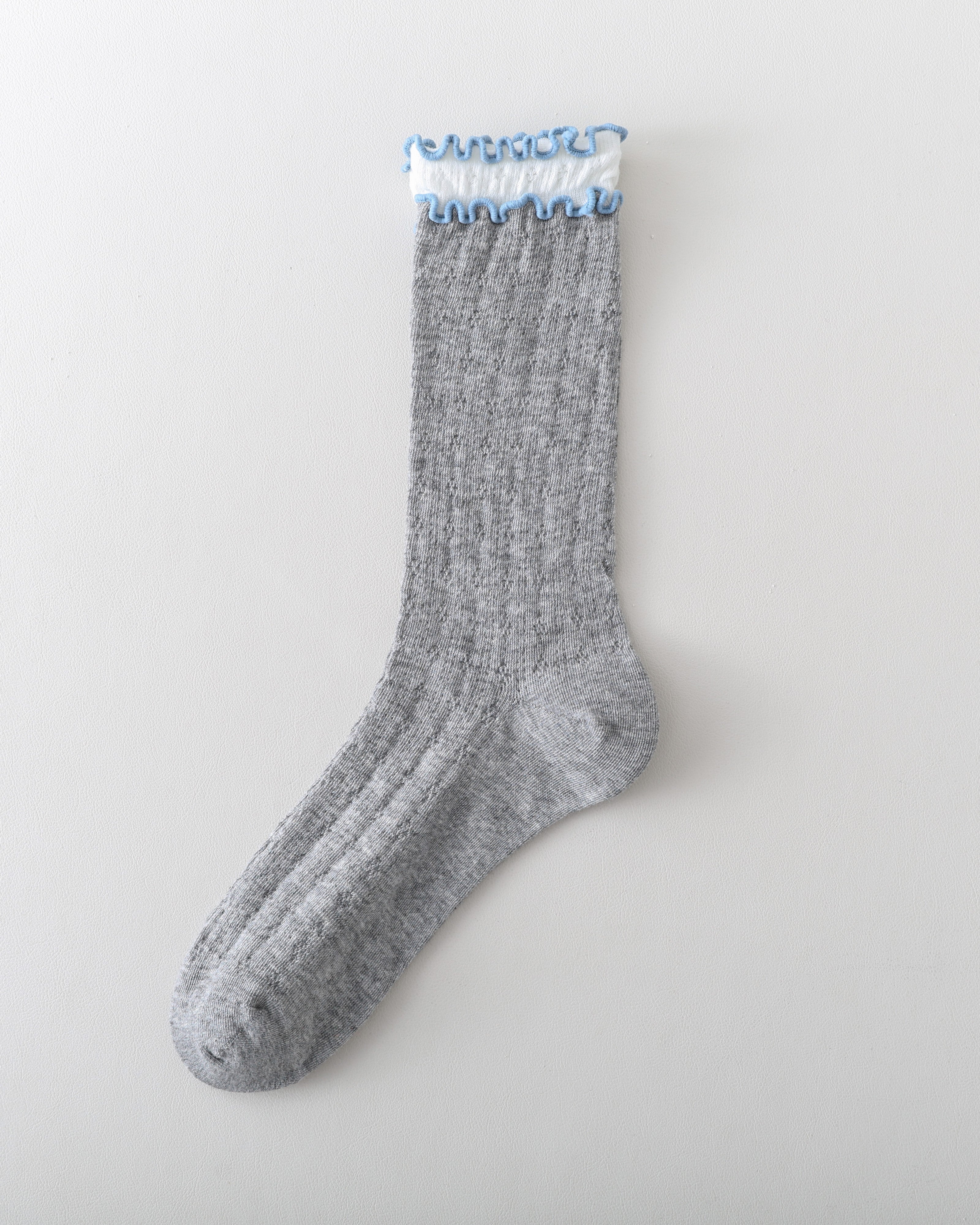 Women Crew Socks Hollow Knit Contrast Double Lettuce Edge Slouch Socks