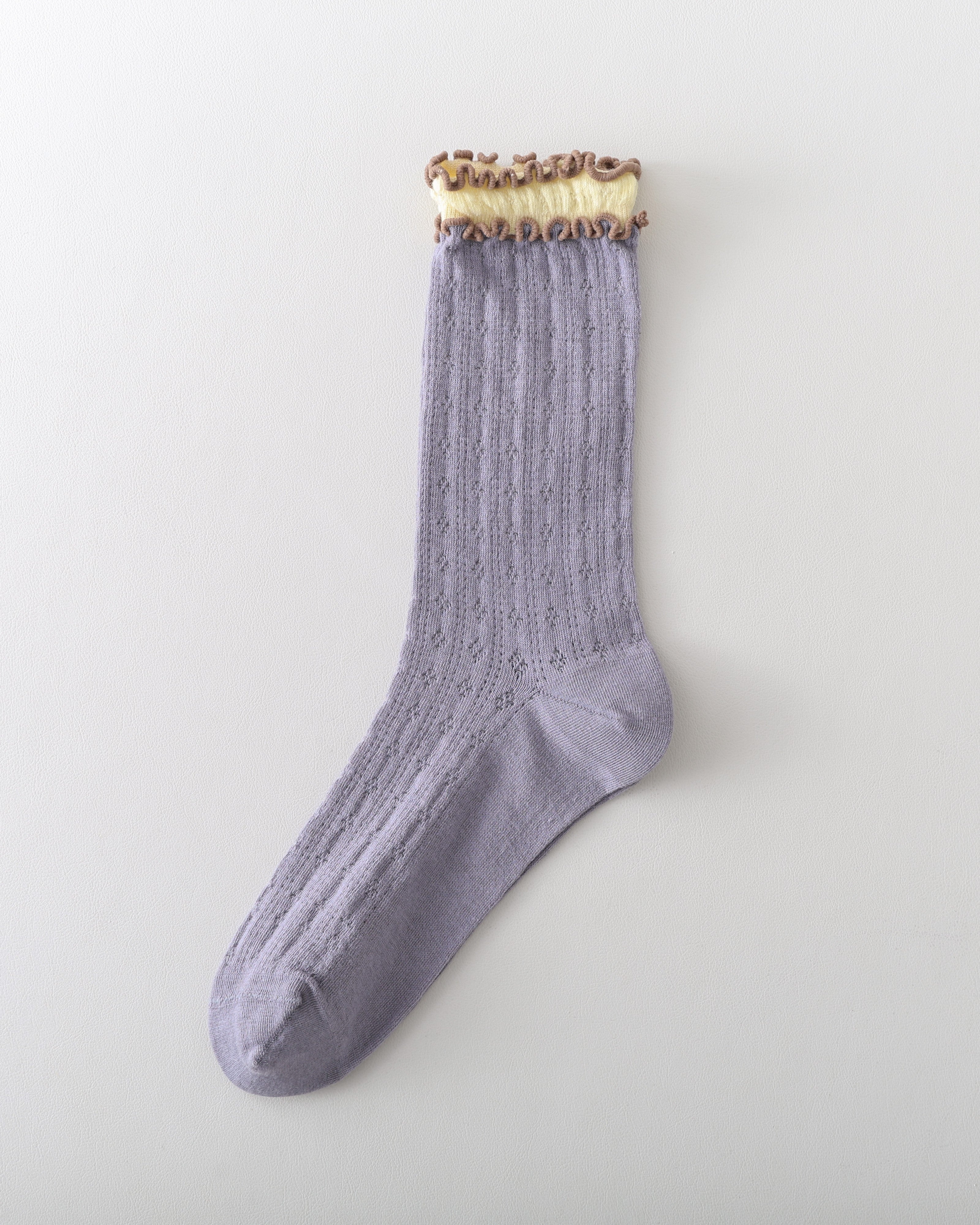 Women Crew Socks Hollow Knit Contrast Double Lettuce Edge Slouch Socks