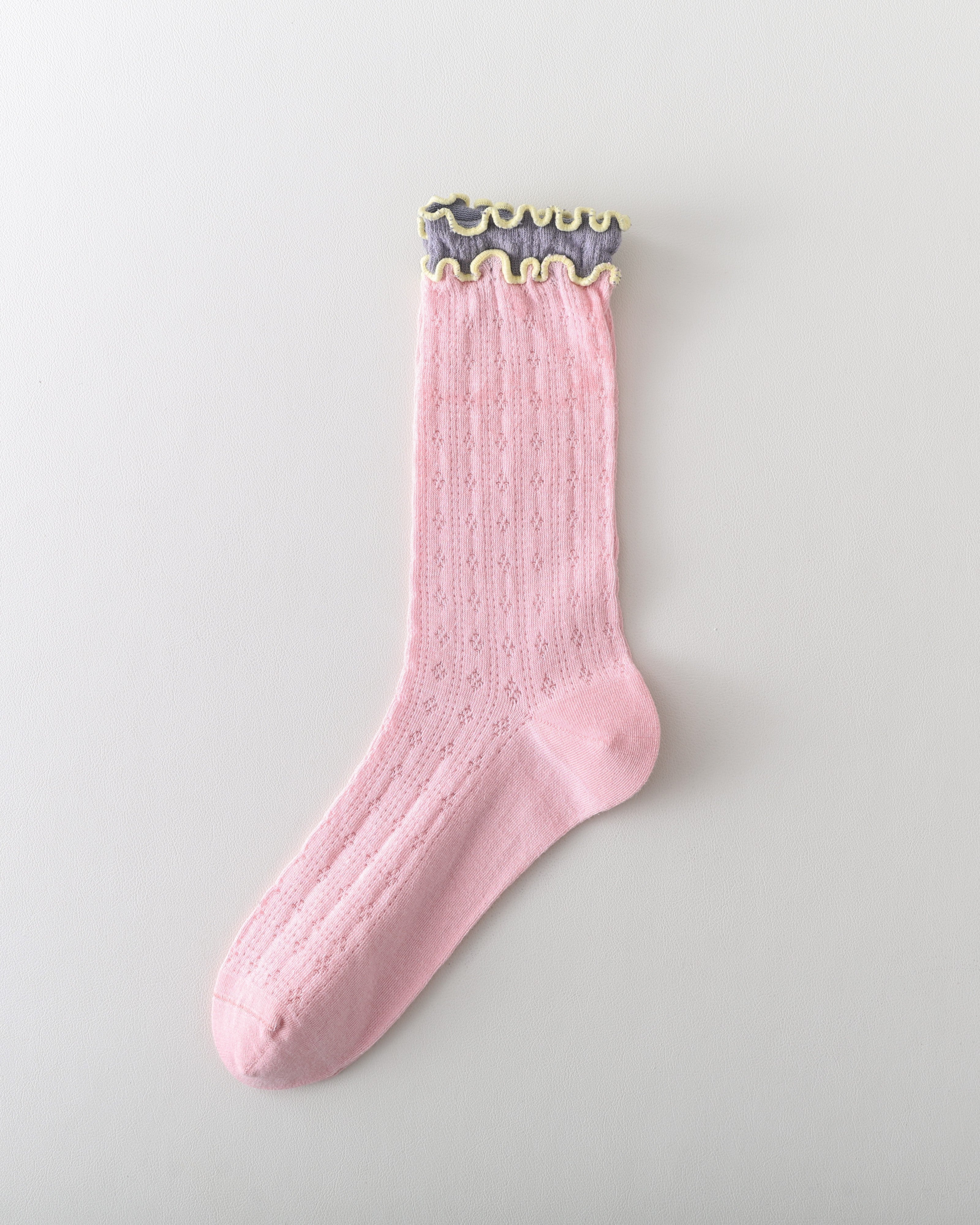 Women Crew Socks Hollow Knit Contrast Double Lettuce Edge Slouch Socks