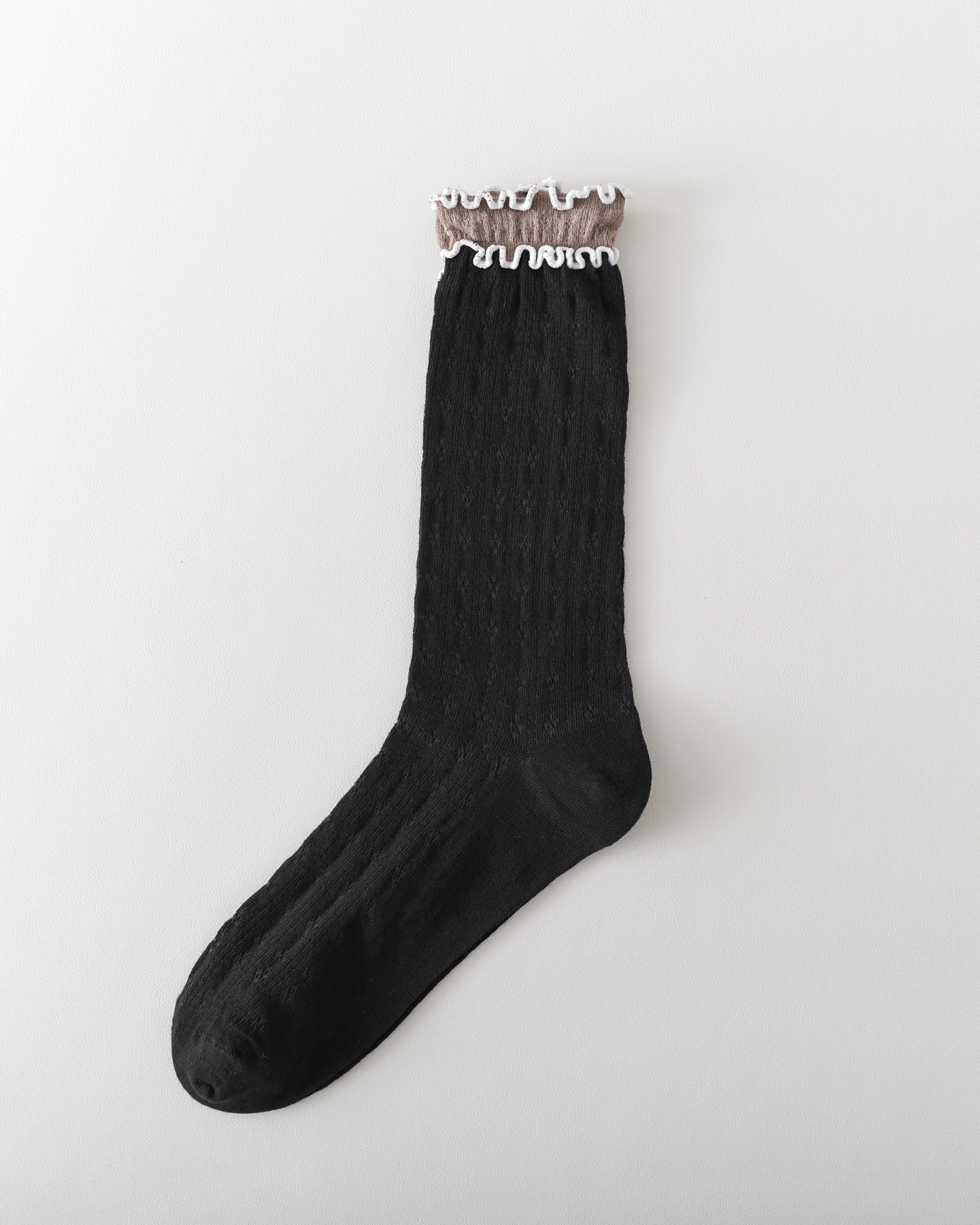 Women Crew Socks Hollow Knit Contrast Double Lettuce Edge Slouch Socks