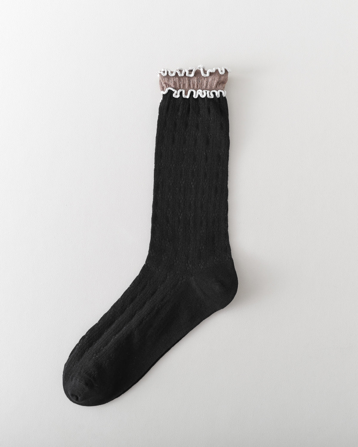 Women Crew Socks Hollow Knit Contrast Double Lettuce Edge Slouch Socks