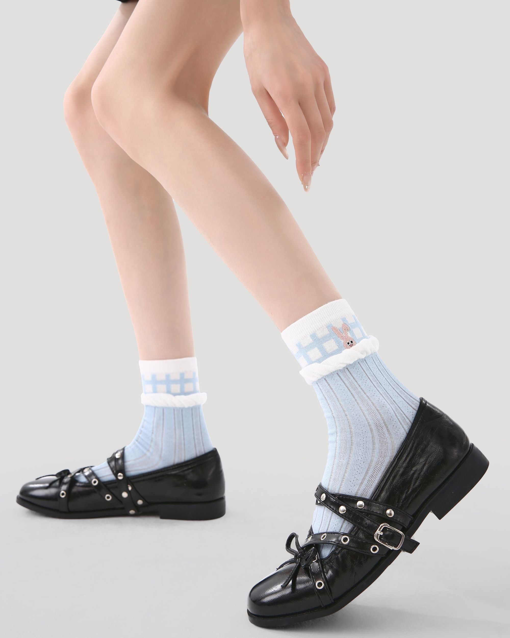 Gift Box Set  Womens Crew Socks Soft Blue Isle Bunny Stripe Lace Rib Cute - SWEET NANA