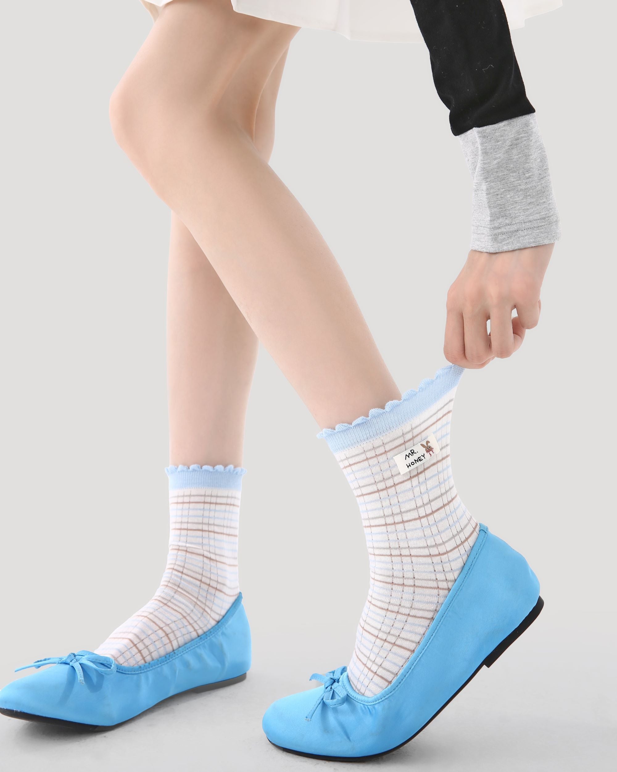 Gift Box Set  Womens Crew Socks Soft Blue Isle Bunny Stripe Lace Rib Cute - SWEET NANA