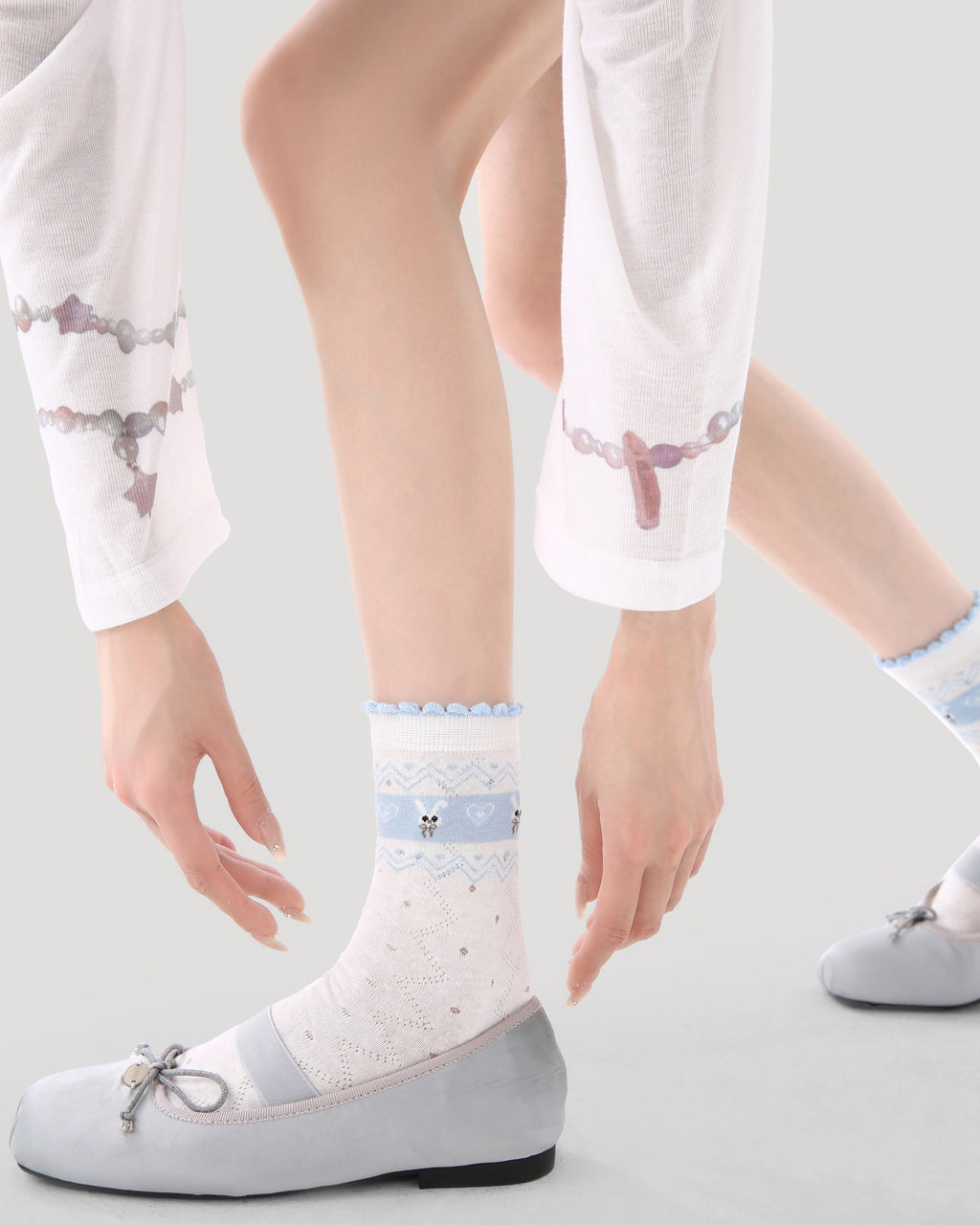 Gift Box Set  Womens Crew Socks Soft Blue Isle Bunny Stripe Lace Rib Cute - SWEET NANA