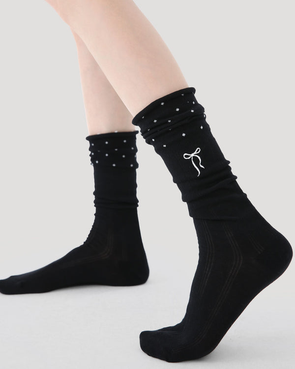 Womens Crew Socks Star Bow Pattern Slouchy Contrast Everyday Combed Cotton