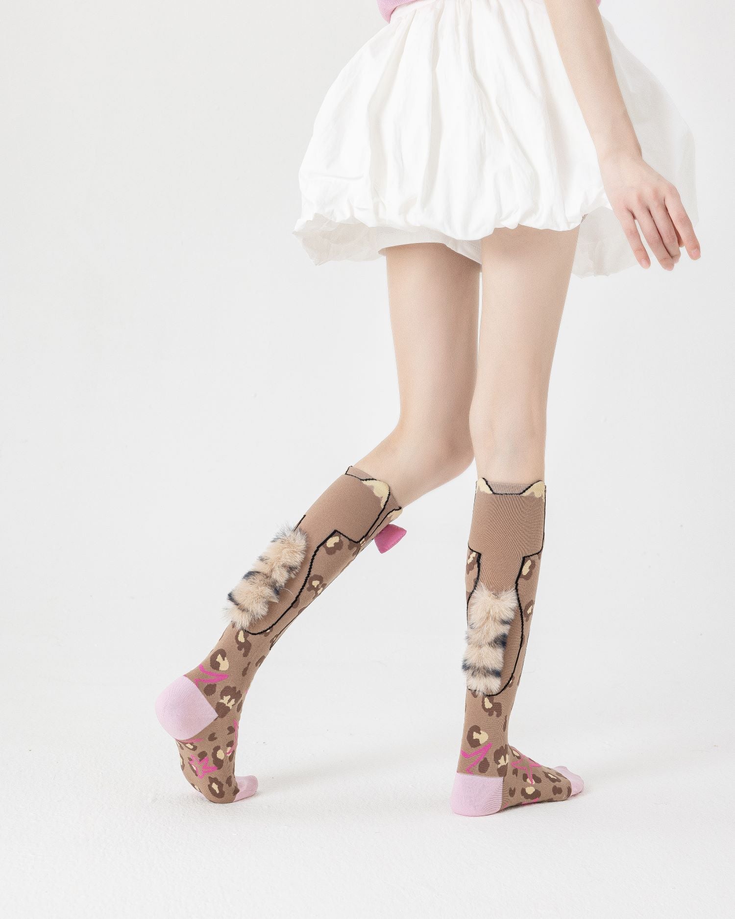 Party Exaggerated Leopard Cat Knee High Socks 3D Bow Tail Cute Fun Calf Socks