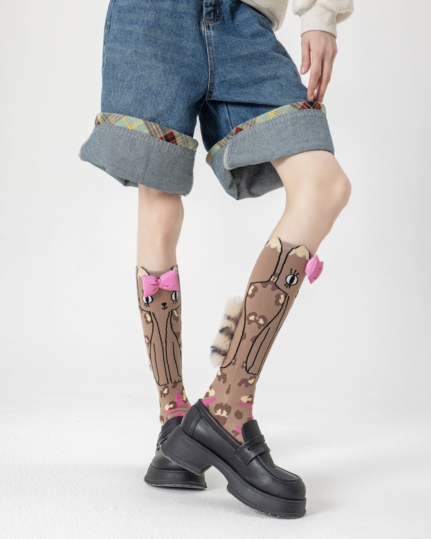 Party Exaggerated Leopard Cat Knee High Socks 3D Bow Tail Cute Fun Calf Socks