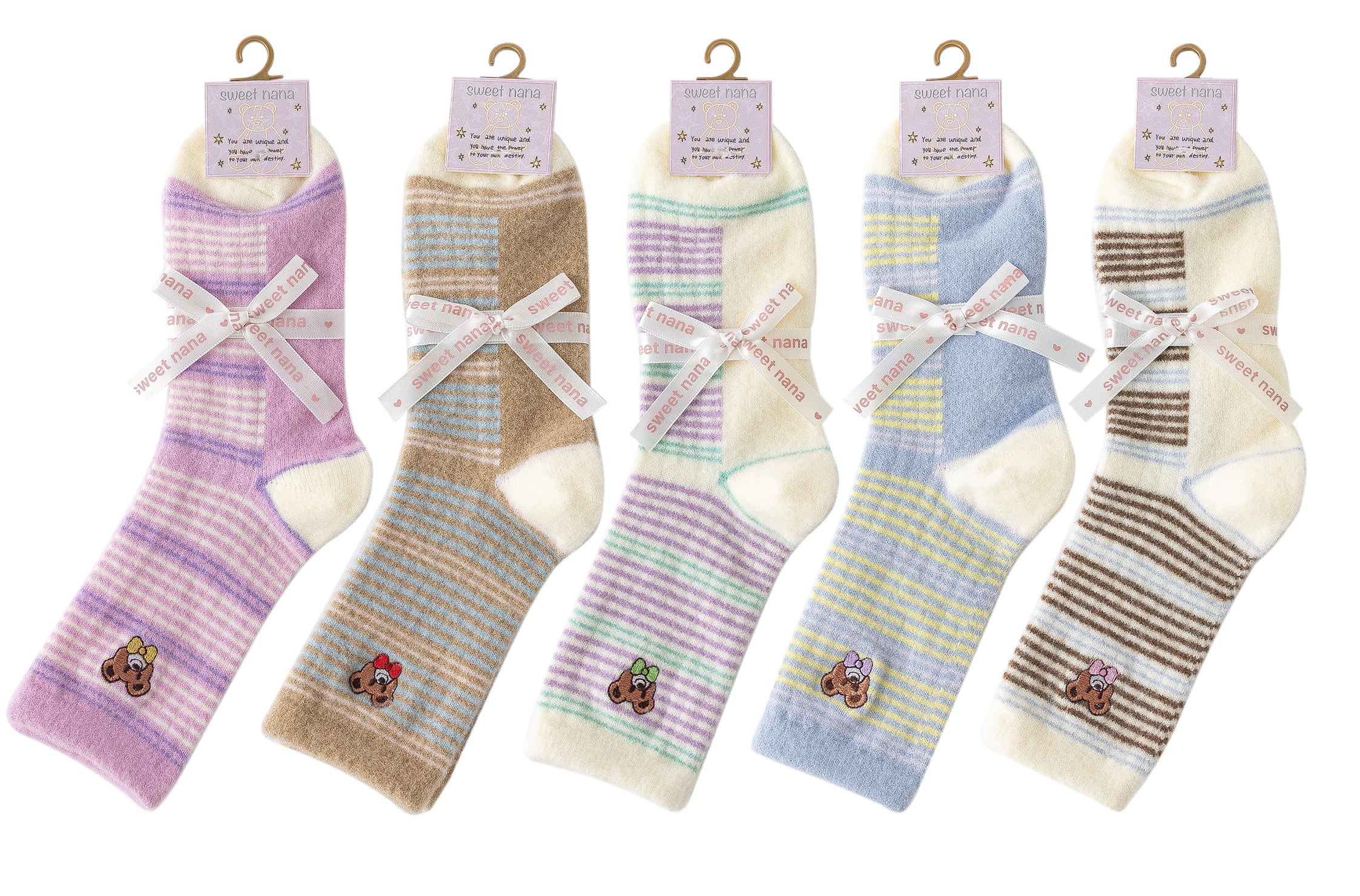 Women Crew Socks Embroidery Bear Series Fuzzy Warm Cozy Indoor Non Slip Socks